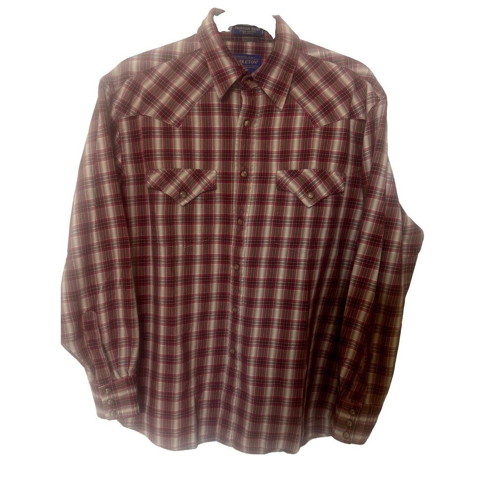 Pendleton Frontier Shirt Pearl Snap Button  Mens M Long Sleeve Red Beige Plaid